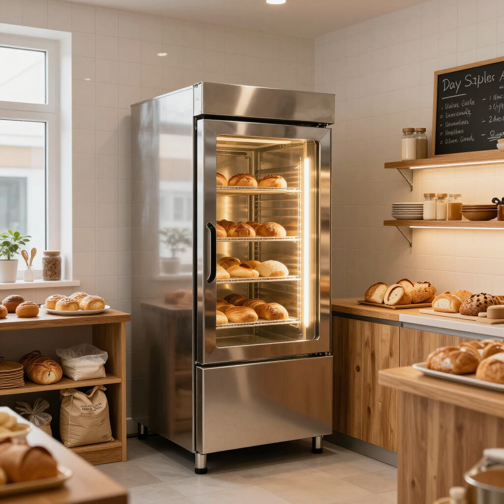 Intérieur de la boulangerie avec une vitrine en inox remplie de pains et de viennoiseries, et des miches sur des comptoirs en bois.