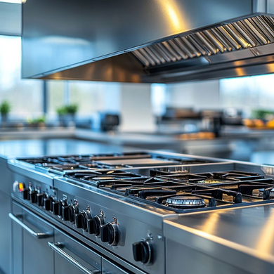 Cuisinière professionnelle en acier inoxydable sous une grande hotte aspirante