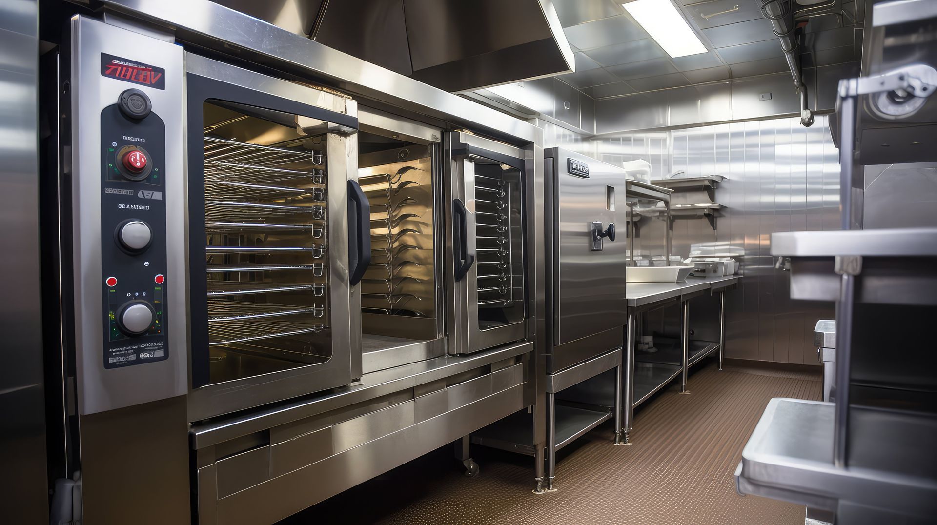 Cuisine commerciale avec de grands fours en acier inoxydable et des grilles de cuisson dans un espace de travail industriel lumineux