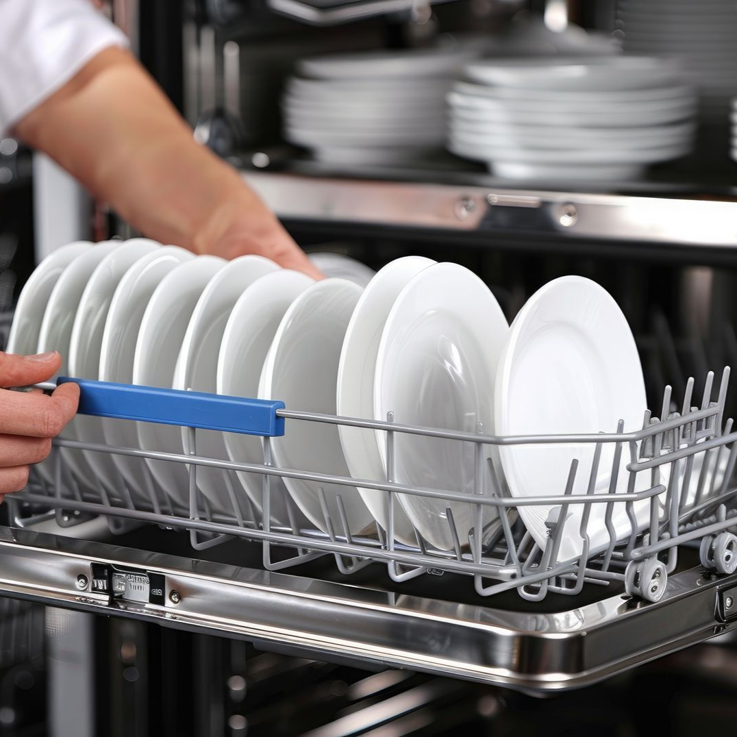 Des mains chargent des assiettes blanches dans un panier de lave-vaisselle muni d'une séparation bleue.
