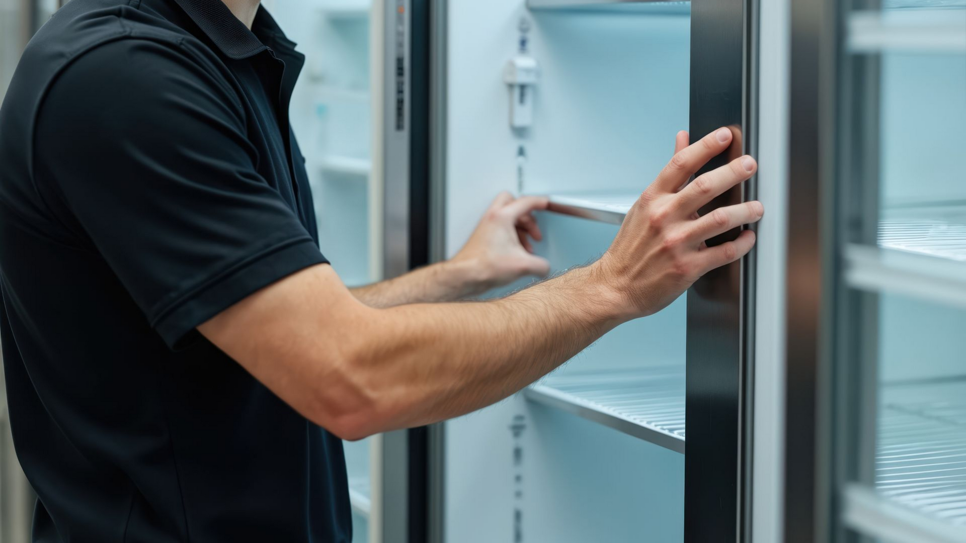 Une personne ouvrant la porte argentée d'un réfrigérateur, tendant la main à l'intérieur dans une cuisine ou un laboratoire