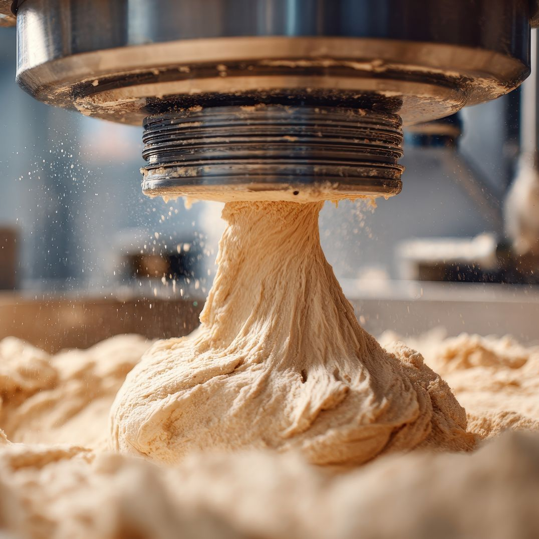 Un mélangeur industriel pétrit la pâte, la poussière de farine tourbillonnant autour de la tête de mélange métallique.