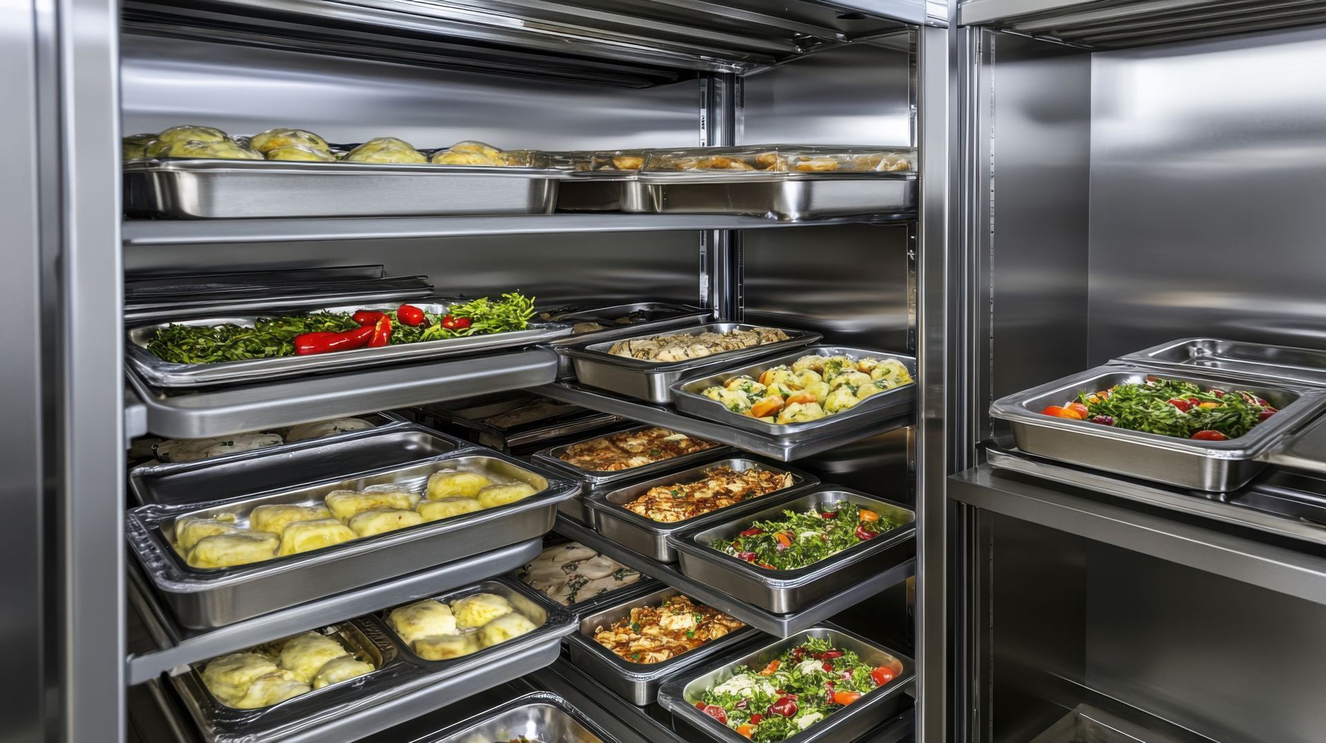 Étagères du réfrigérateur d'une cuisine commerciale remplies de plateaux de salades préparées, de légumes et de récipients alimentaires