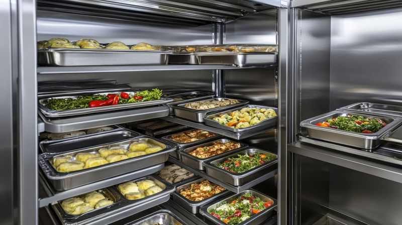 Plateaux de plats préparés variés sur des étagères en acier inoxydable dans un réfrigérateur de cuisine professionnelle.