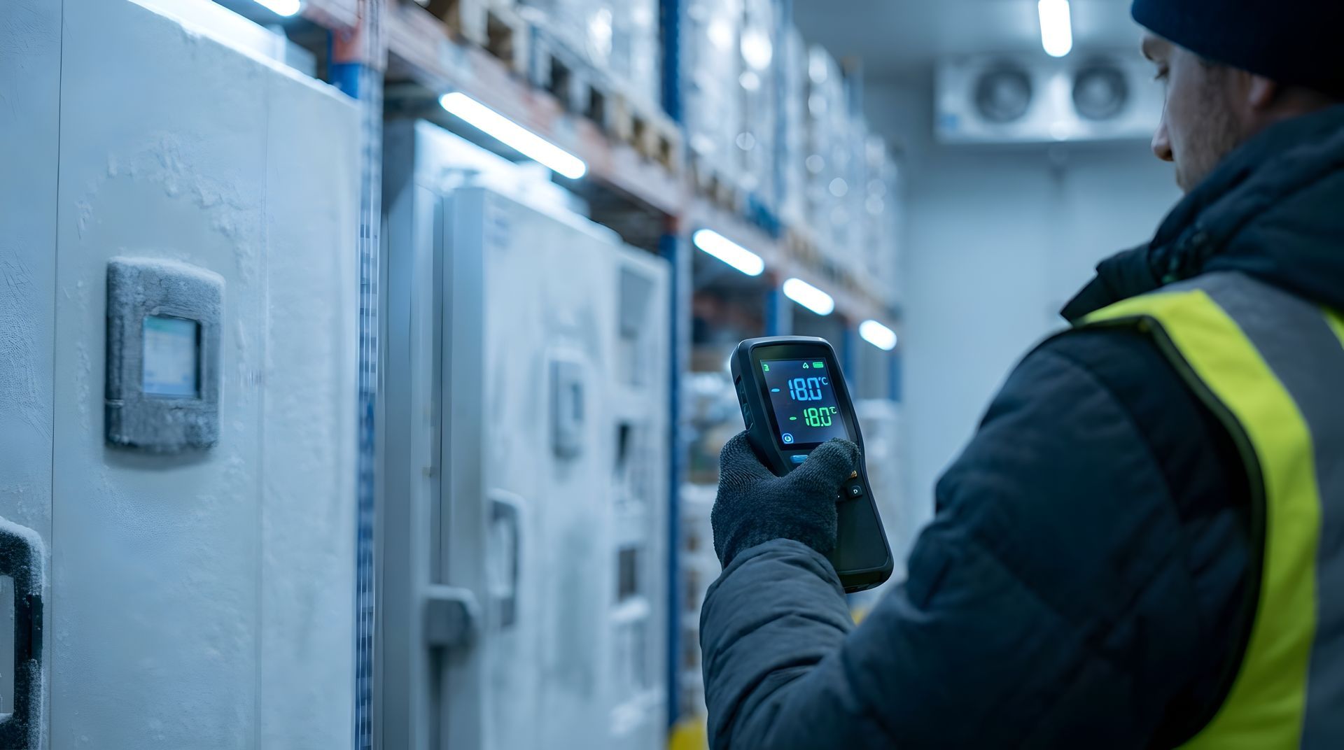 Un ouvrier utilise une caméra thermique pour inspecter des panneaux électriques dans une installation industrielle.