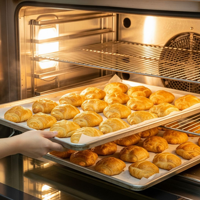 Déposer à la main une plaque de petits pains dorés dans un four allumé