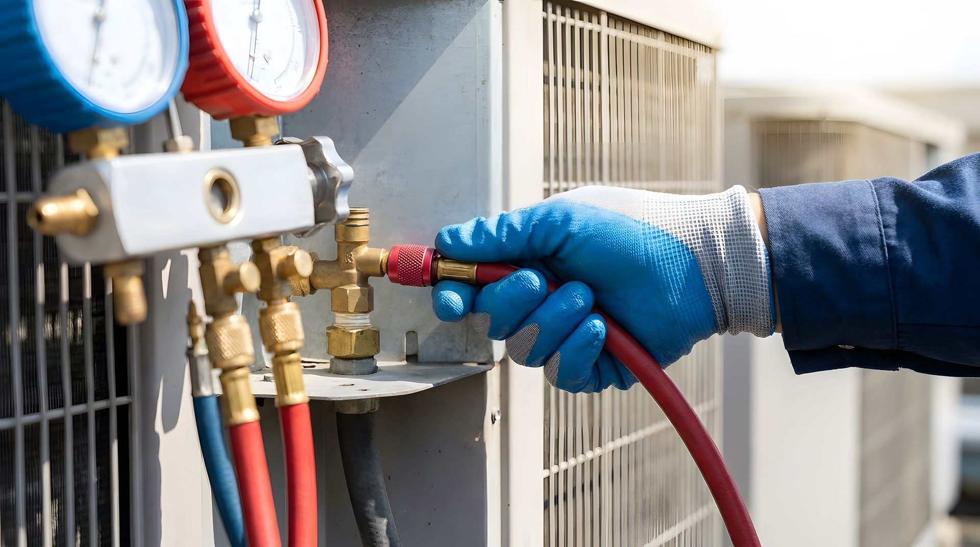 Main gantée de bleu connectant un tuyau rouge aux manomètres de climatisation sur une unité extérieure