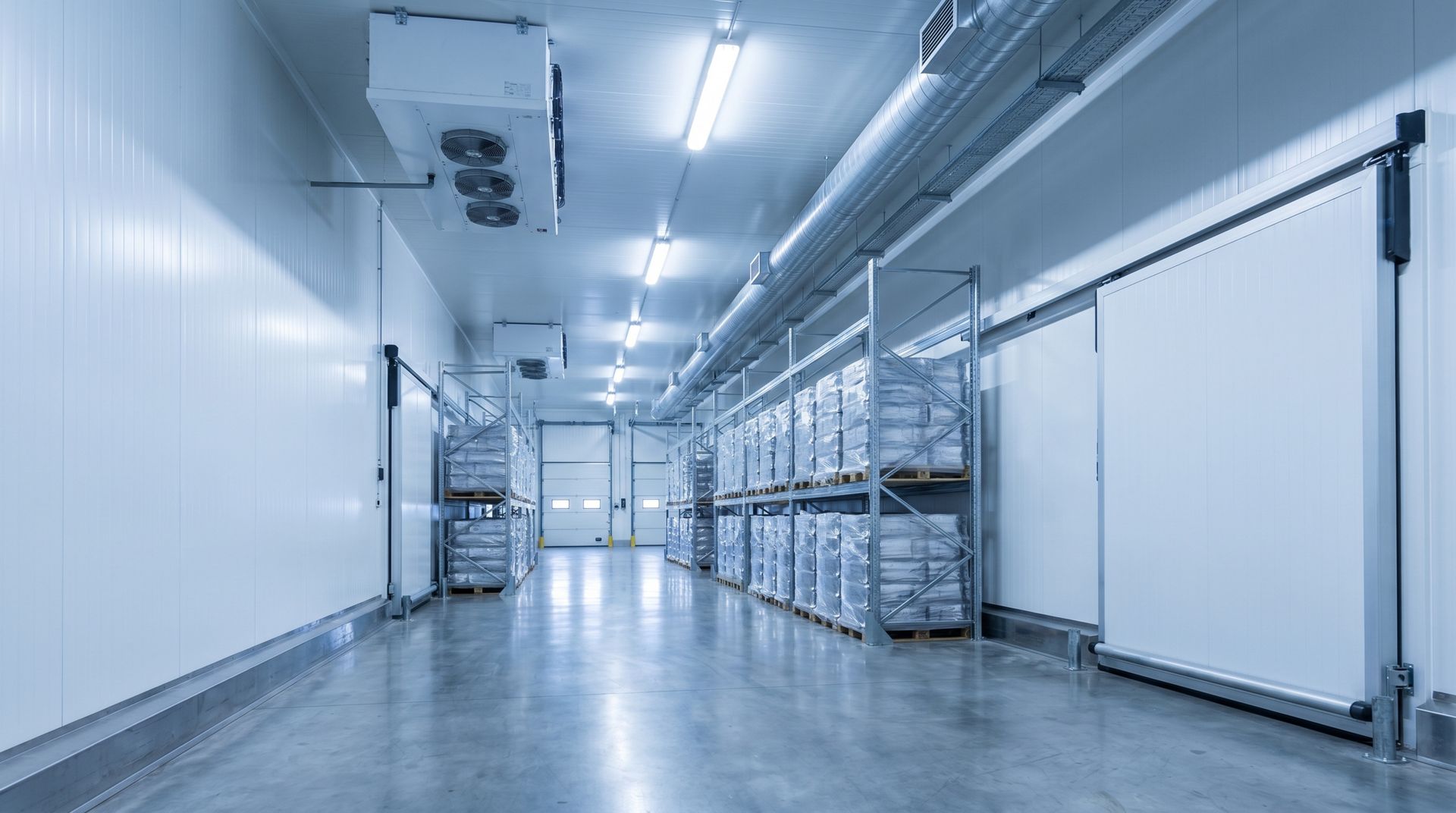 Couloir de congélation industrielle lumineux avec étagères métalliques et grandes portes blanches isolées