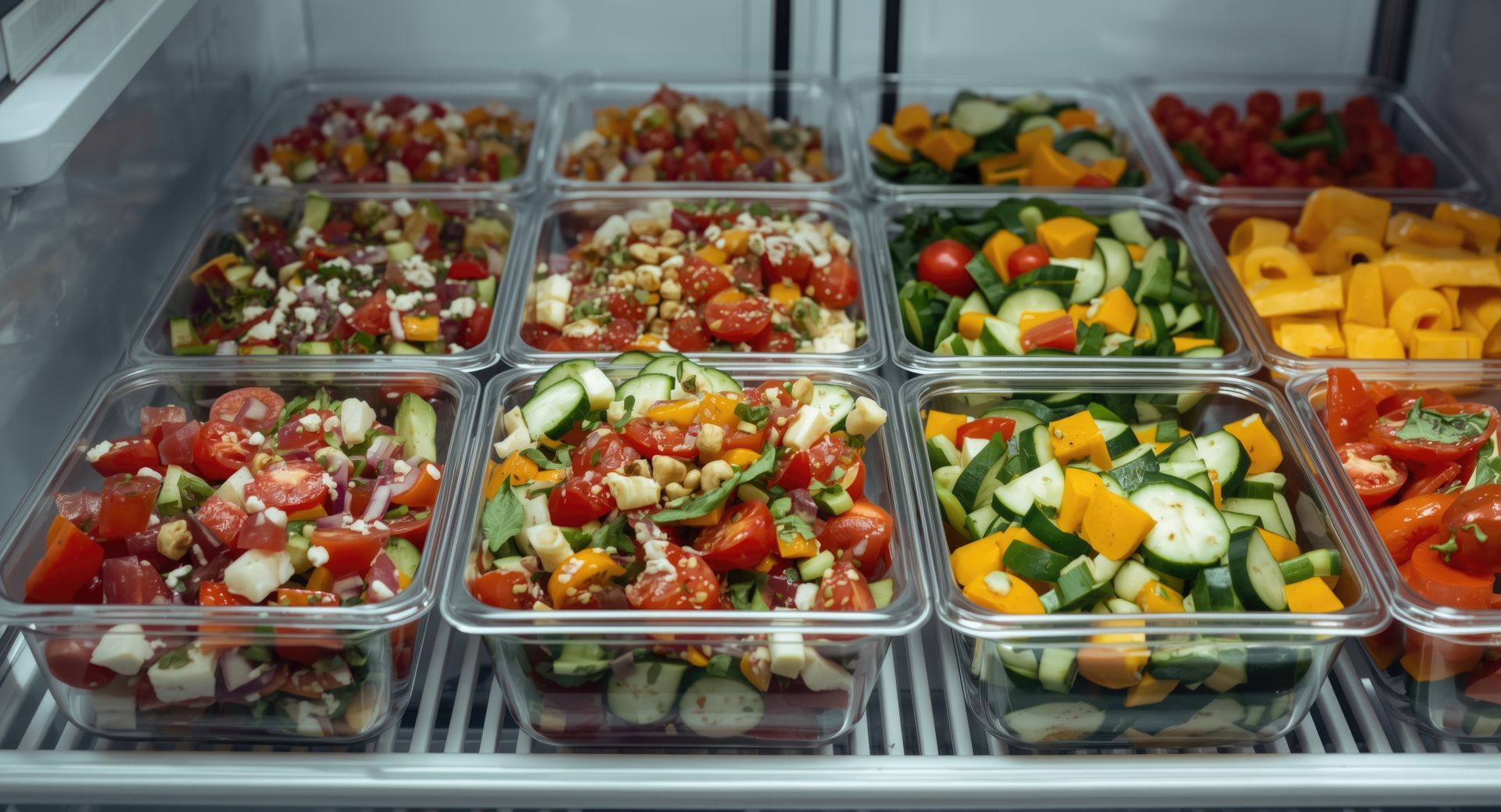 Bar à salades avec plateaux de légumes coupés, de fruits et de verdure mélangés sous vitrine
