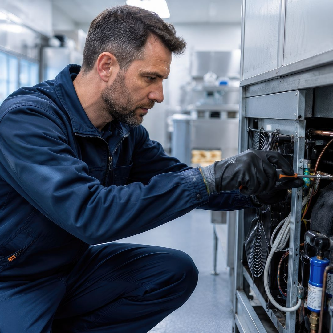 Un technicien en uniforme bleu inspecte des machines à l'intérieur d'une cuisine, accroupi et utilisant un outil.