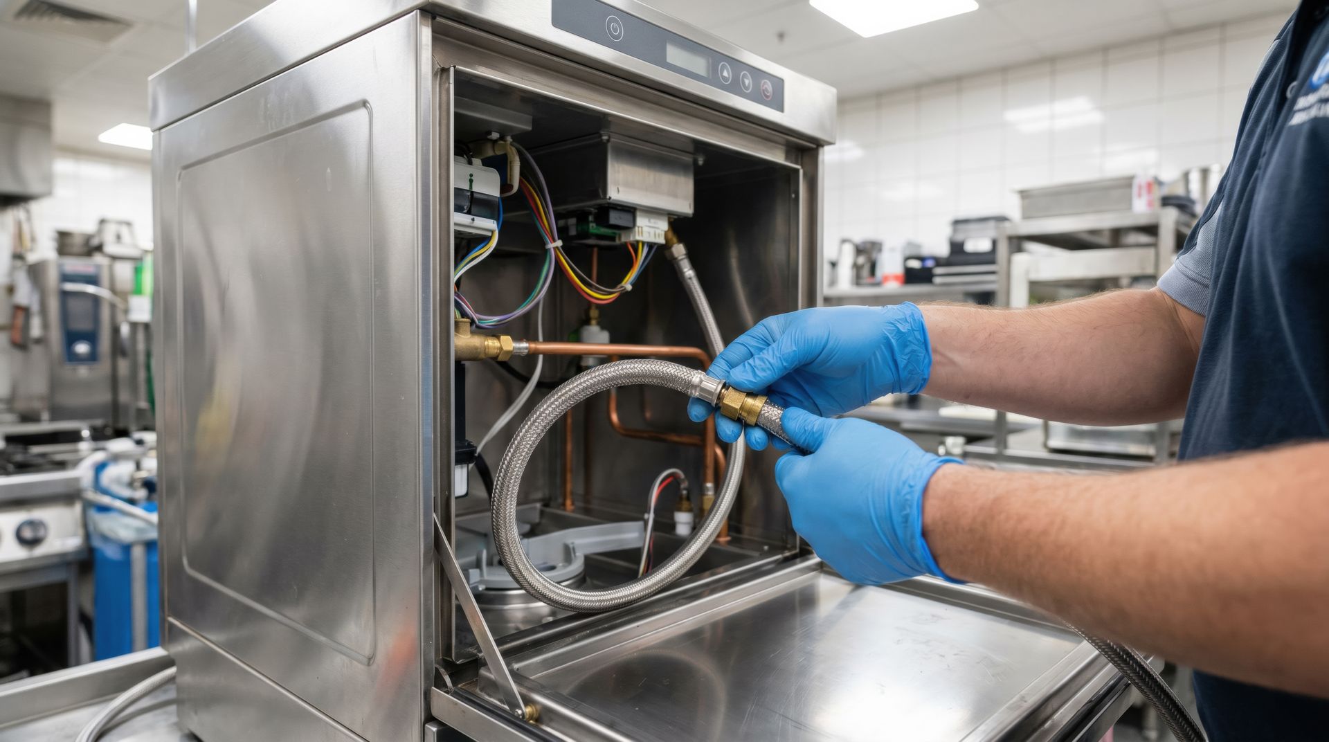 Un technicien portant des gants bleus répare une machine industrielle en acier inoxydable dont les tuyaux et les câbles sont apparents.
