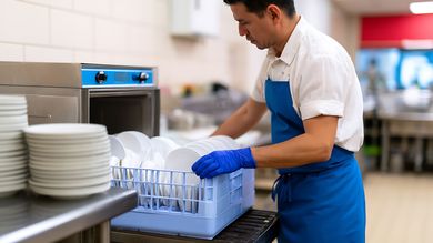 Un employé de cuisine remplit le lave-vaisselle dans une cuisine de restaurant propre.