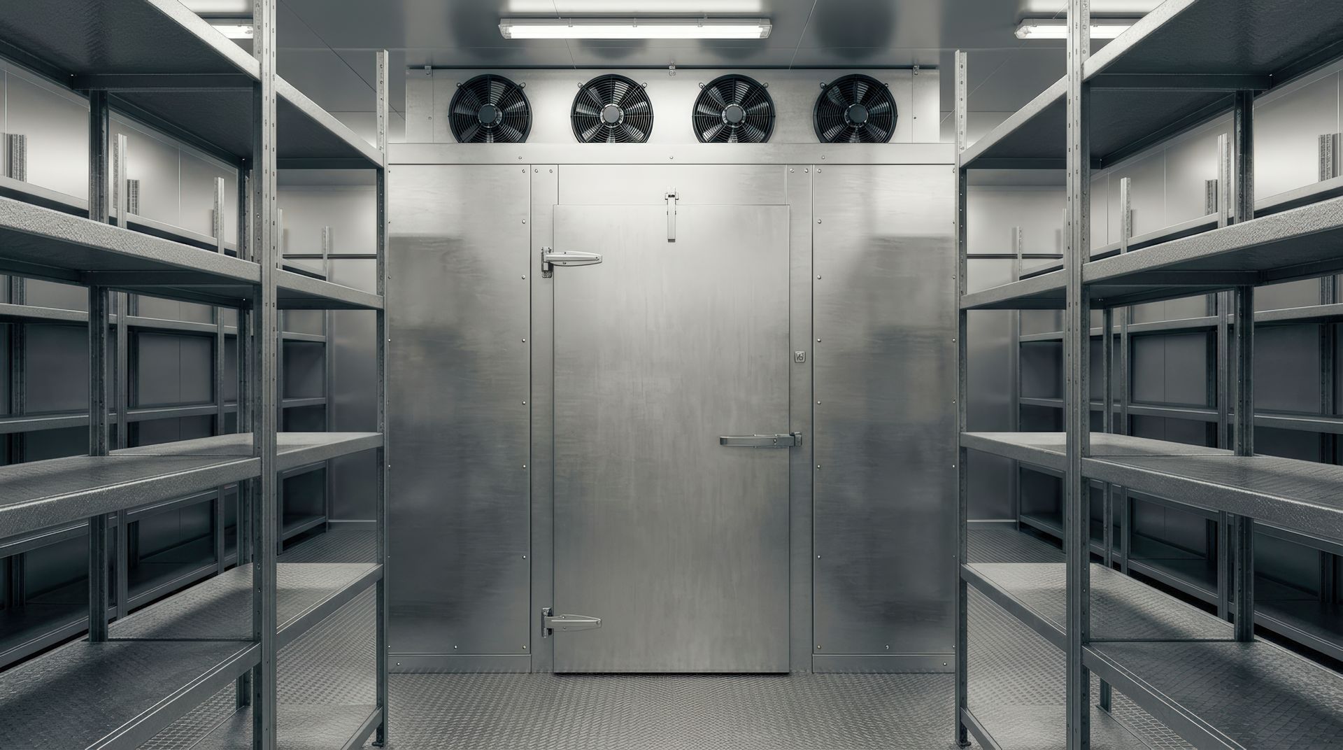 Une chambre froide stérile avec des étagères métalliques et une porte argentée fermée