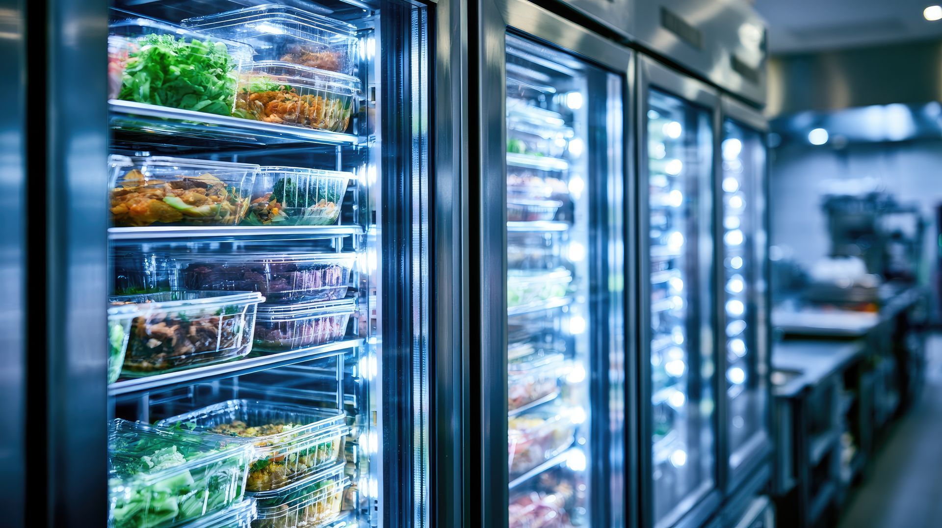 Allée réfrigérée d'un supermarché avec des rangées de produits surgelés dans des congélateurs à portes vitrées