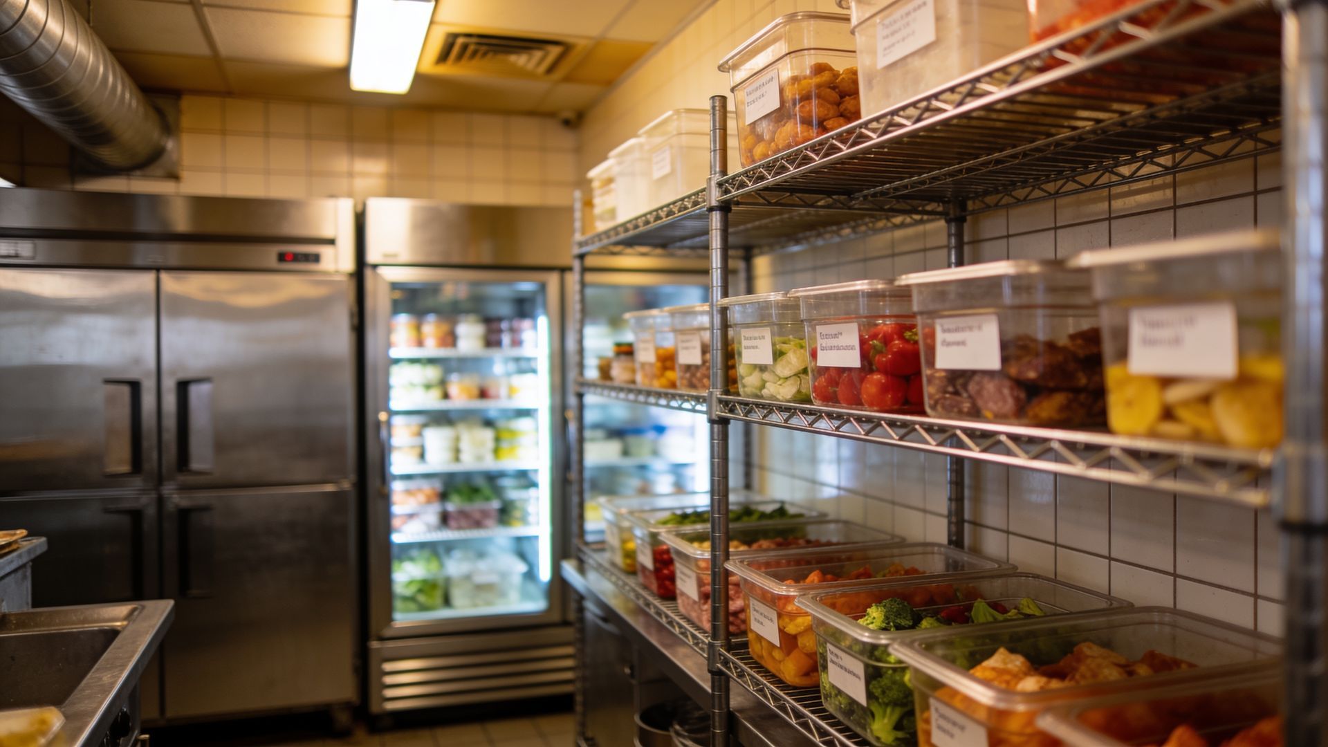Cuisine professionnelle équipée d'étagères en acier inoxydable, d'un réfrigérateur éclairé et de contenants pour les ingrédients et les fournitures.