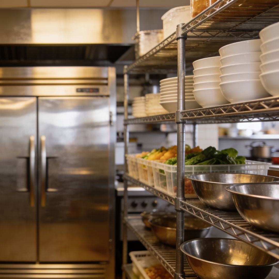 Cuisine commerciale avec réfrigérateur en acier inoxydable, étagères métalliques, bols blancs et bacs de préparation d'ingrédients