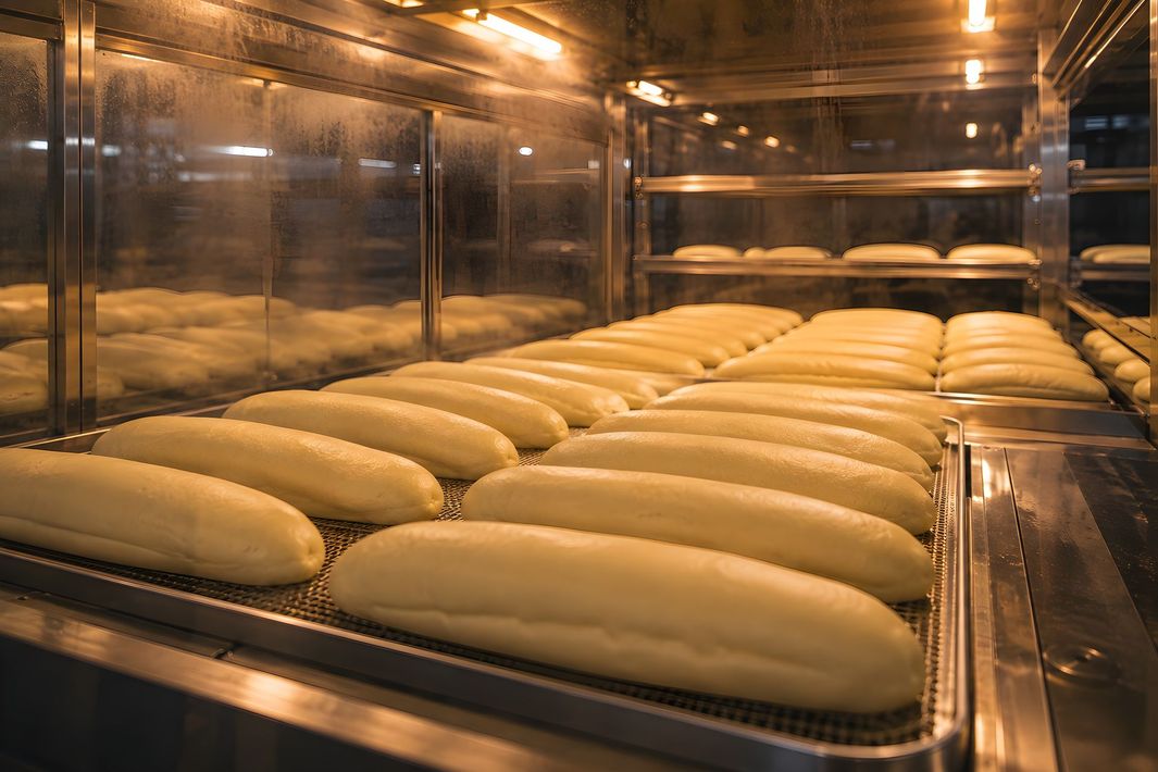 Des rangées de pâtes à pain lèvent sur des plaques à l'intérieur d'un four industriel chaud.