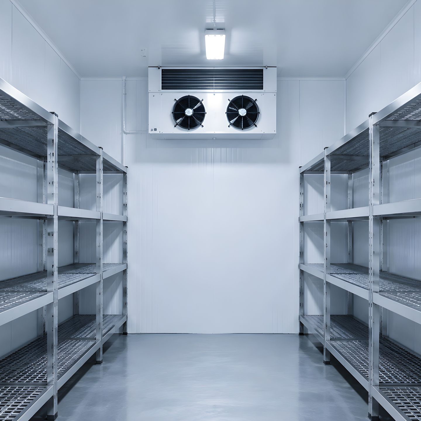 Chambre froide vide avec étagères métalliques et unité de refroidissement murale