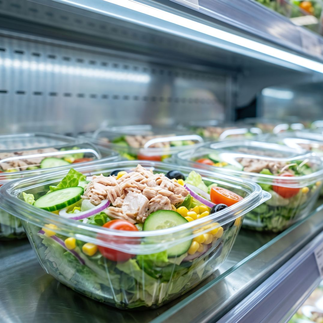 Contenants à salade en plastique transparent dans une vitrine réfrigérée