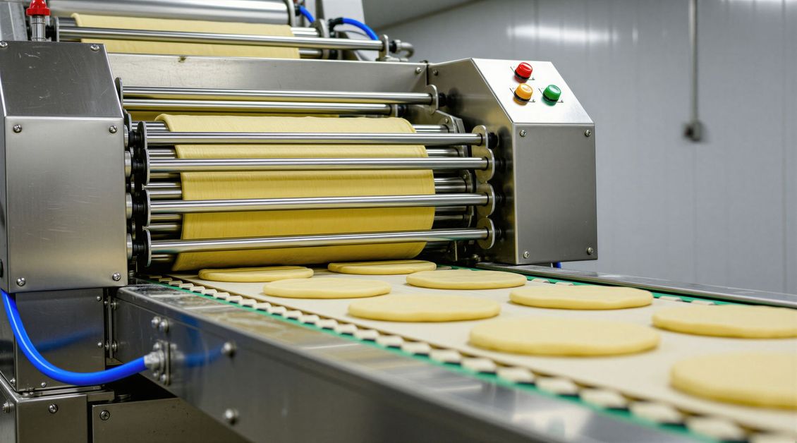 Machine industrielle façonnant la pâte sur un convoyeur dans une chaîne de production alimentaire