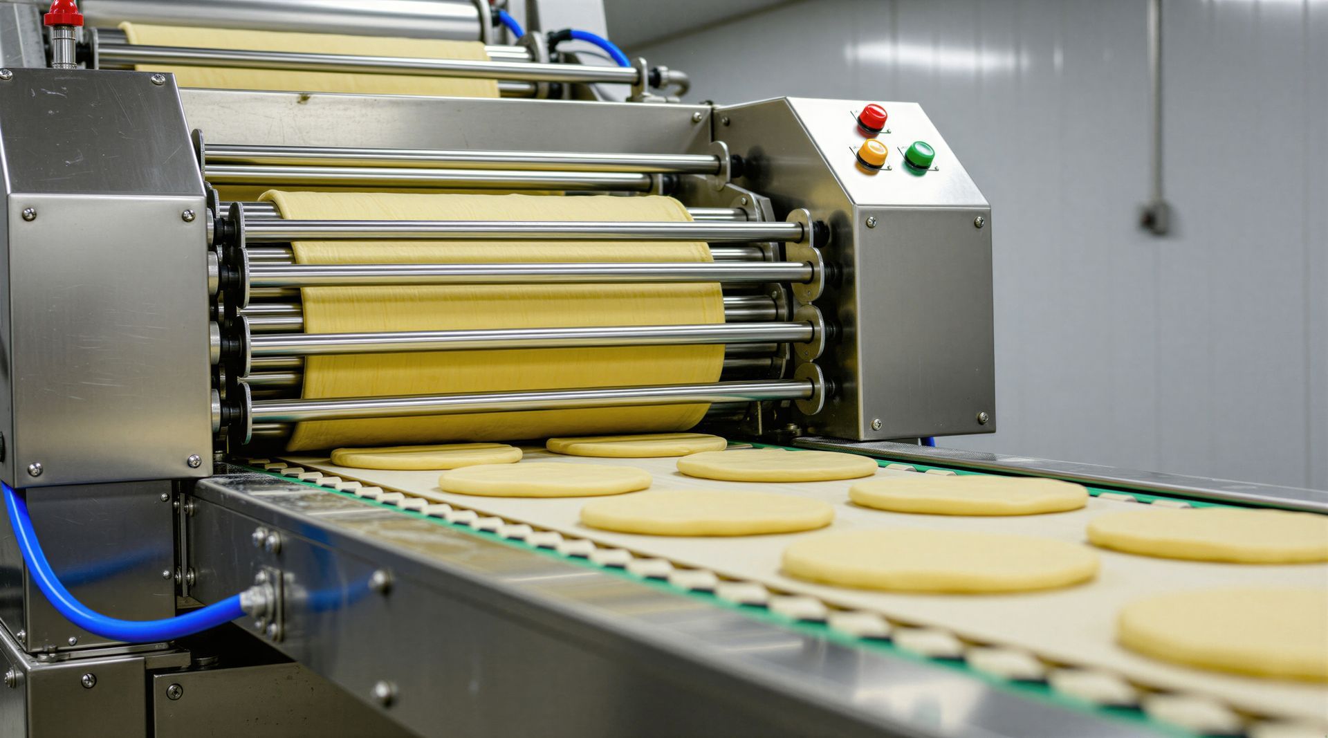 Des disques de pâte se déplacent sur un convoyeur de boulangerie sous des rouleaux dans une machine de transformation en acier inoxydable.