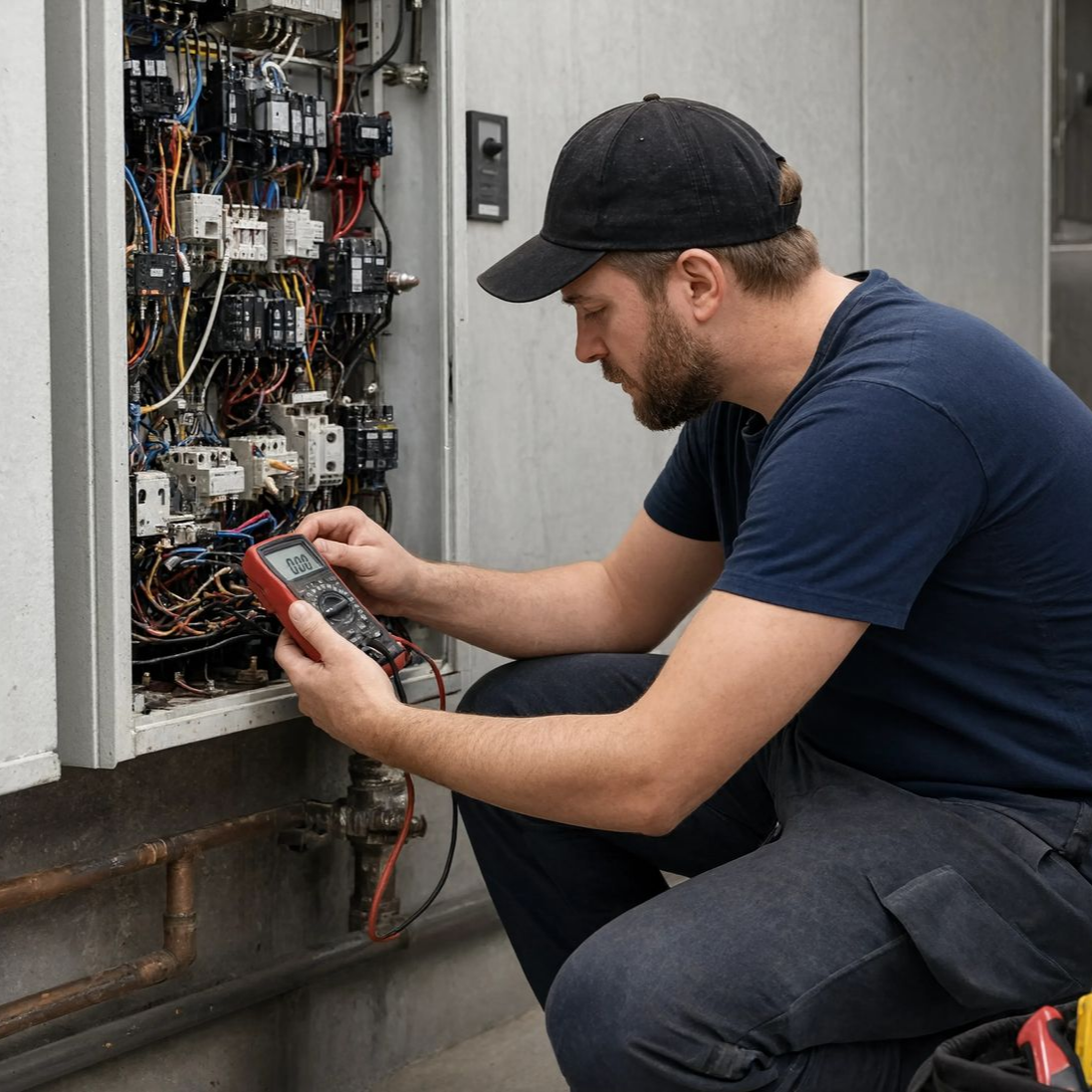 Un technicien utilise un multimètre pour inspecter le câblage à l'intérieur d'un panneau électrique ouvert.