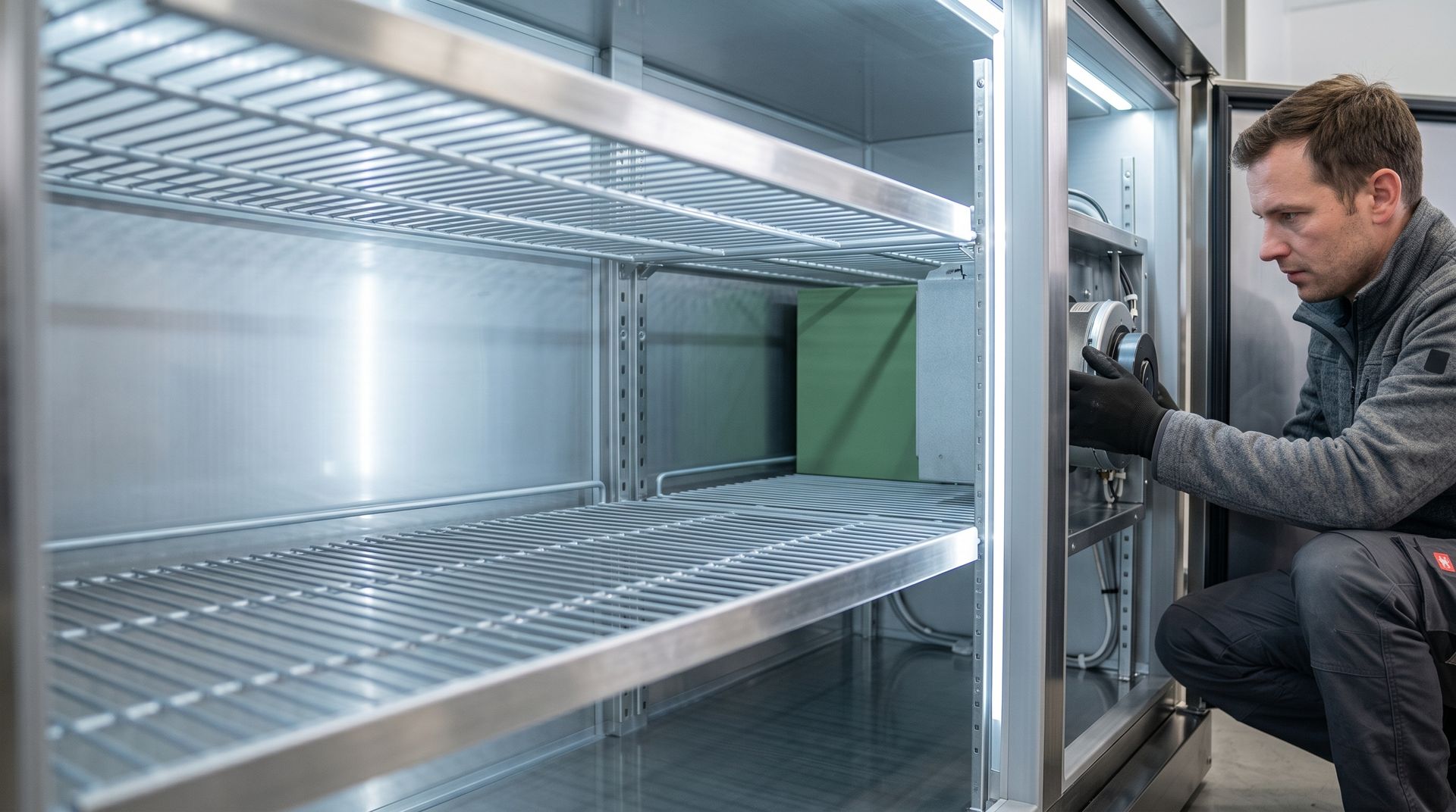 Un homme est agenouillé près d'un réfrigérateur industriel ouvert en acier inoxydable, inspectant les étagères d'une cuisine lumineuse.