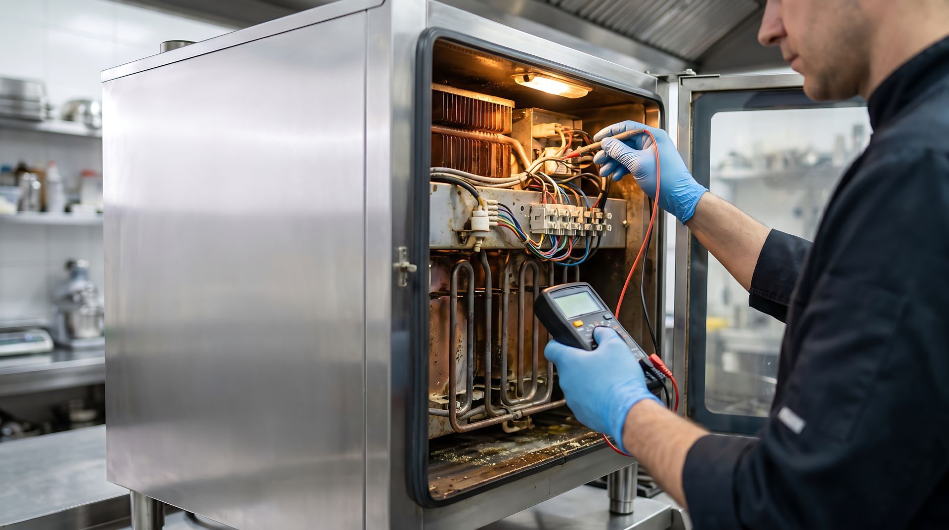 Un technicien portant des gants bleus inspecte le câblage à l'intérieur d'une armoire de machine ouverte en acier inoxydable.
