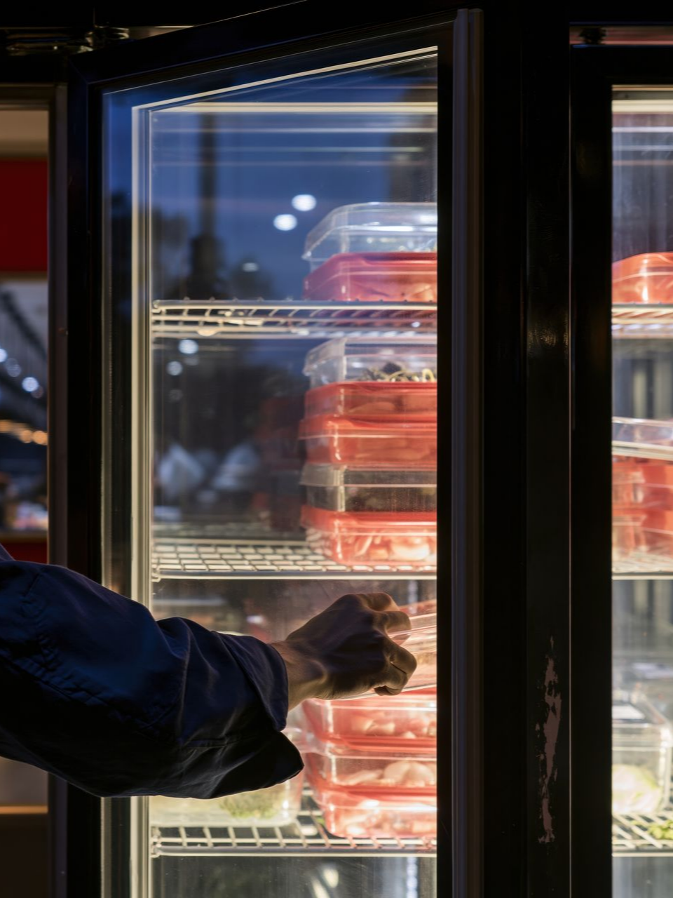 Une personne se penche dans un réfrigérateur à porte vitrée rempli de barquettes rouges pour plats à emporter, au comptoir d'une charcuterie.