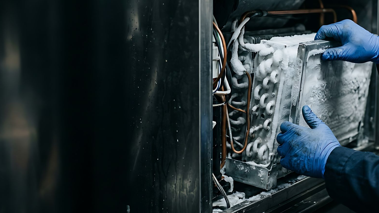 Des mains gantées de bleu nettoient le givre d'un équipement industriel à l'intérieur d'un compartiment de machine.