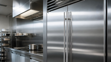 Cuisine commerciale en acier inoxydable avec fours, comptoirs et grandes portes de réfrigérateur