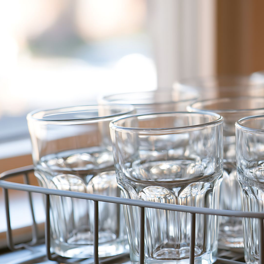 Des verres transparents dans un porte-verres près d'une fenêtre lumineuse