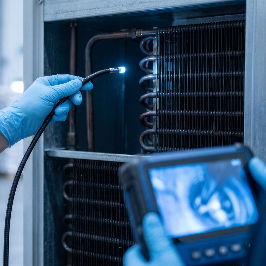 Un technicien ganté inspecte un serpentin de refroidissement à l'aide d'une sonde lumineuse, le tout étant visible sur un écran de contrôle.