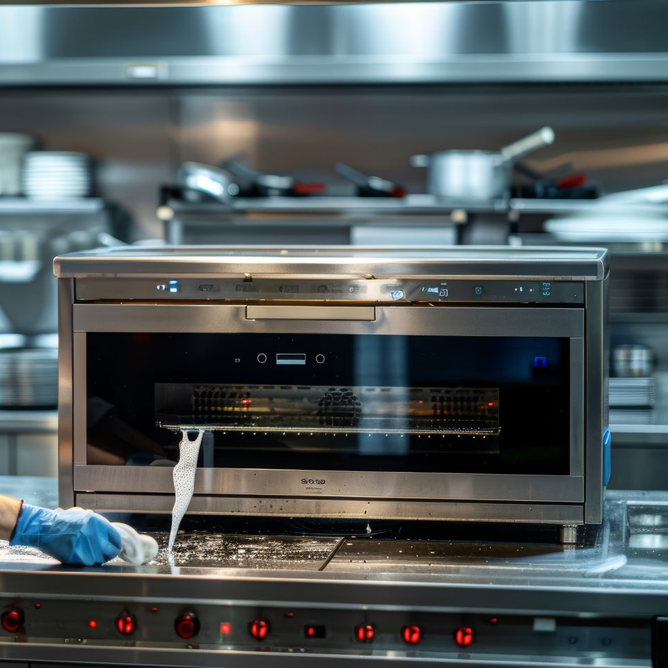 Four commercial en acier inoxydable dans une cuisine, une main gantée nettoyant le panneau avant.