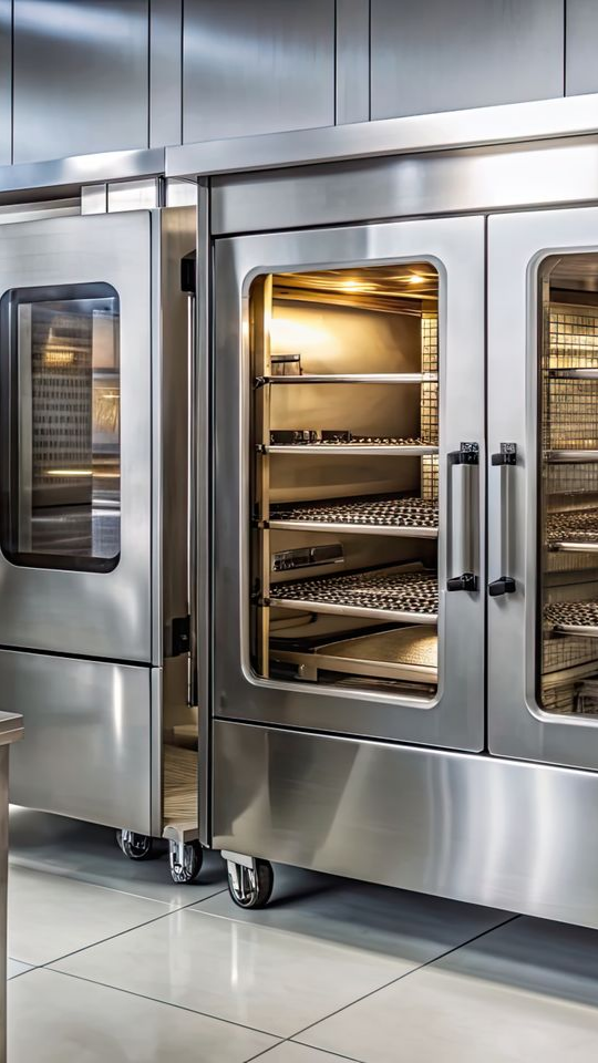 Four commercial en acier inoxydable avec portes vitrées dans une cuisine professionnelle