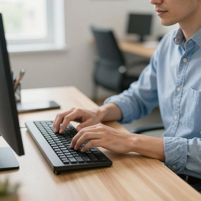 Une personne tape sur un clavier à un bureau dans un bureau lumineux