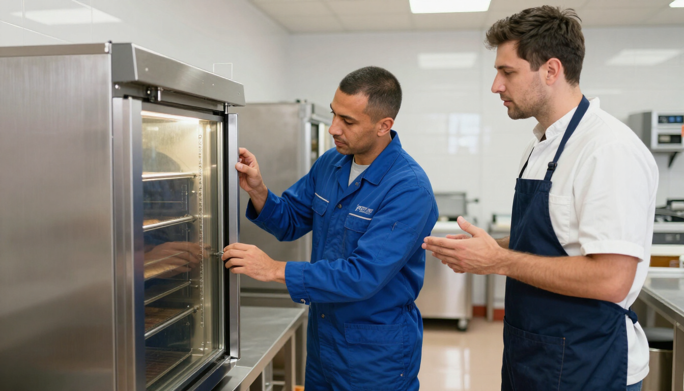 Deux techniciens inspectent un four en acier inoxydable dans une cuisine professionnelle, l'un d'eux pointant du doigt l'intérieur.