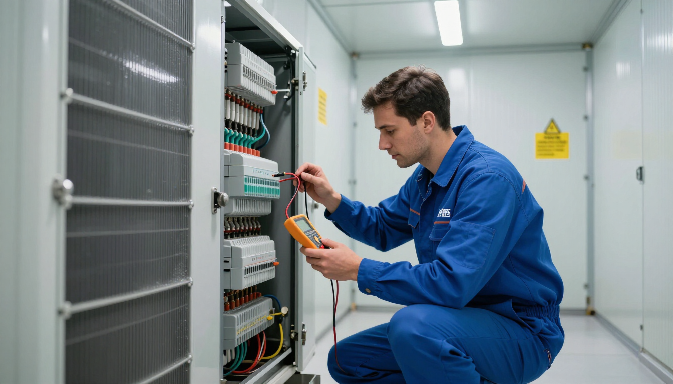 Un technicien en combinaison bleue inspecte des panneaux de commande électriques dans une salle serveur.