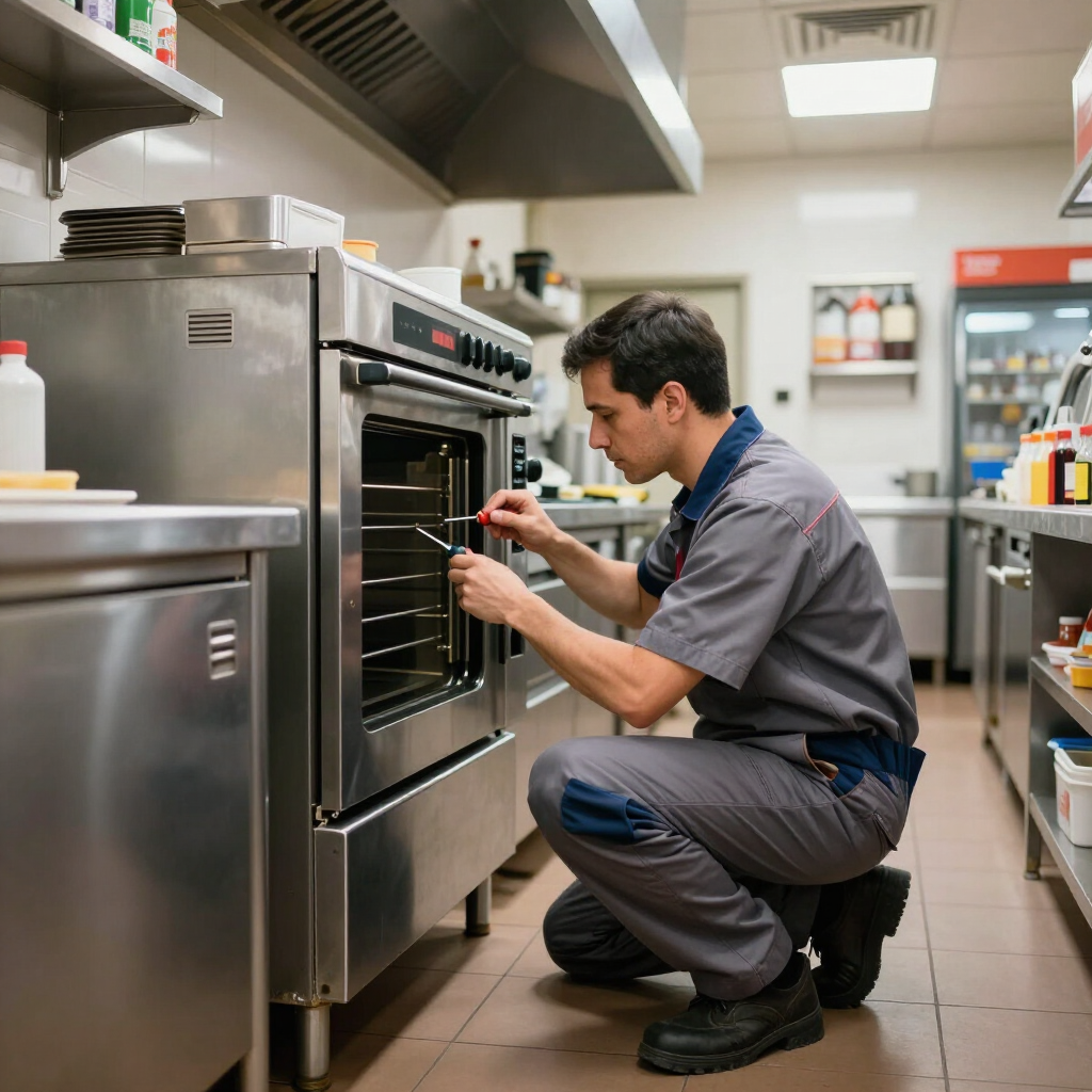 Un frigoriste inspecte un four en acier inoxydable dans une cuisine professionnelle.