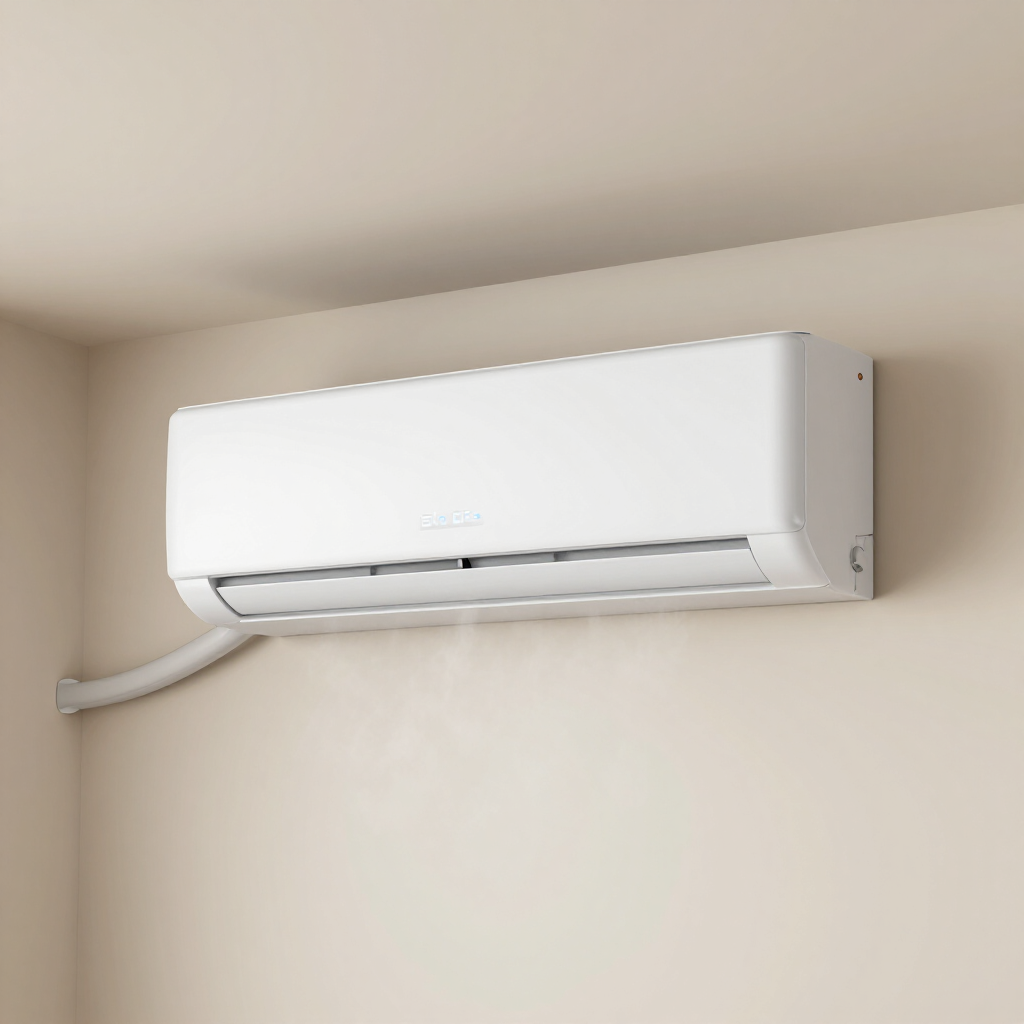 Aire acondicionado blanco montado en la pared con cable de alimentación visible en una habitación beige.