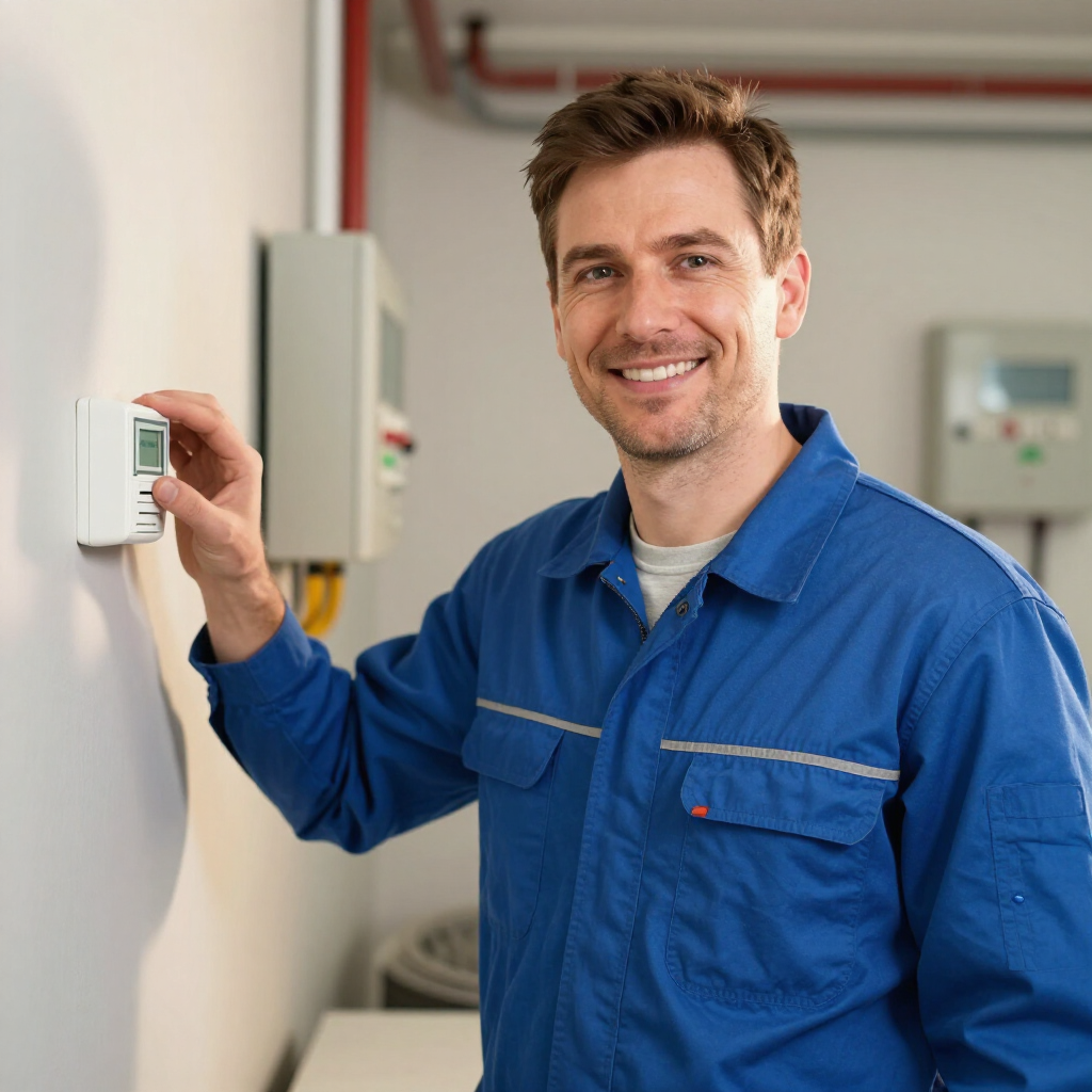 Un técnico con uniforme azul ajusta un termostato de pared en el interior de una vivienda, sonriendo a la cámara.