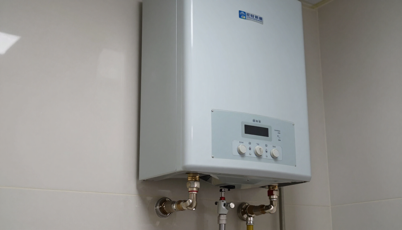 Calentador de agua blanco montado en la pared con un pequeño panel de control y tuberías debajo en una habitación alicatada.