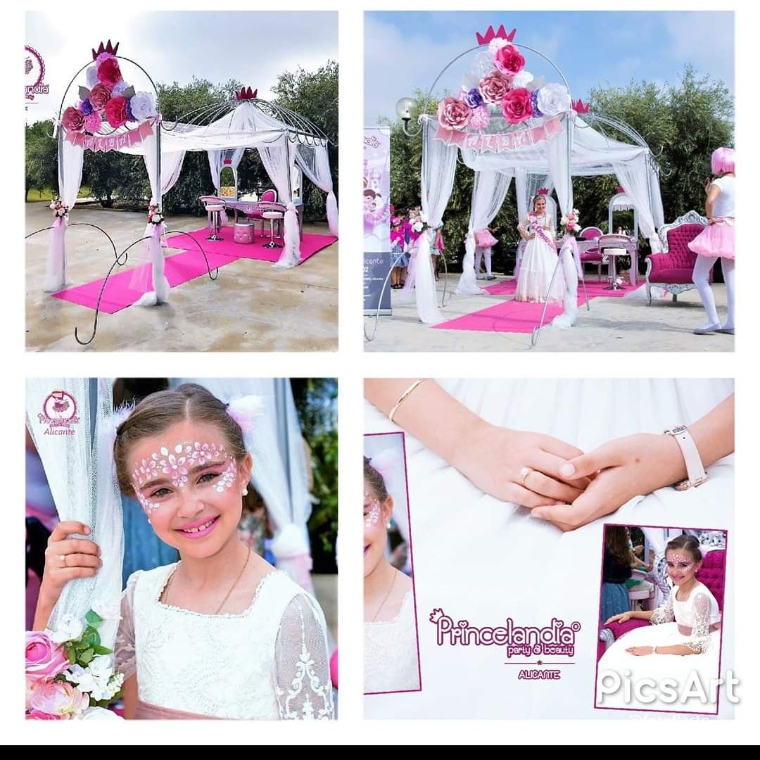 Un collage de cuatro fotografías de una niña con flores en la cara.