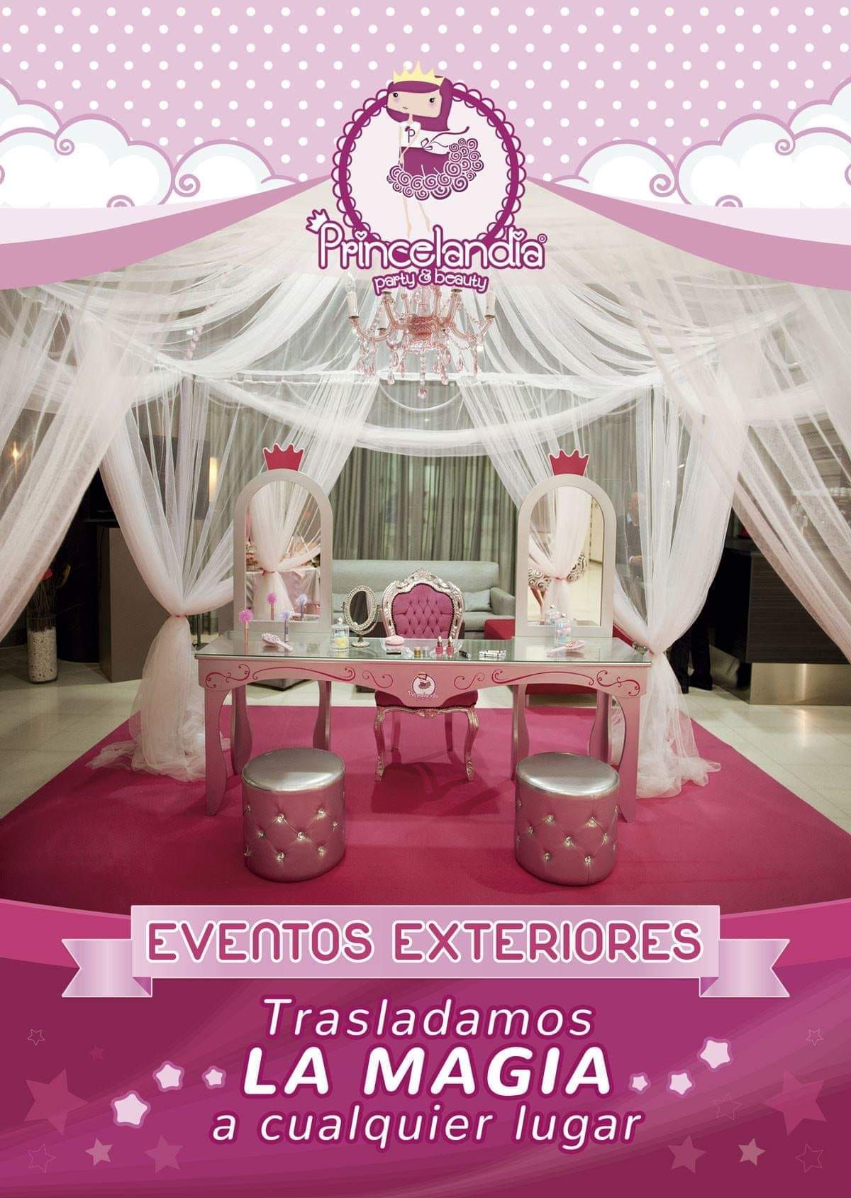 Un cartel para un evento con temática de princesa con una mesa y sillas bajo un dosel.