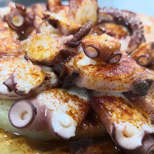 Un primer plano de un plato de comida con pulpo encima.