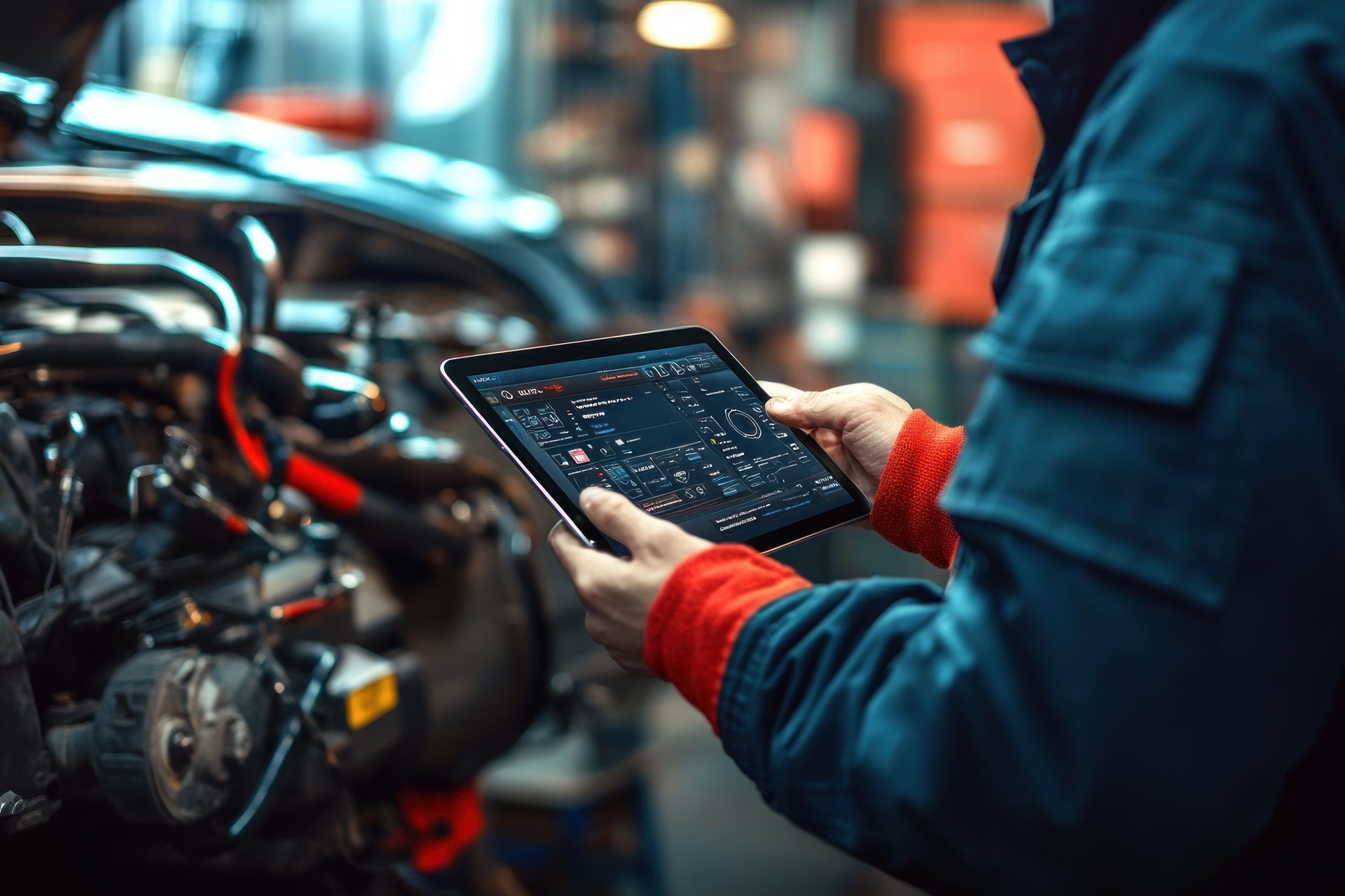 Mécanicien utilisant une tablette pour diagnostiquer un moteur de voiture dans un atelier.
