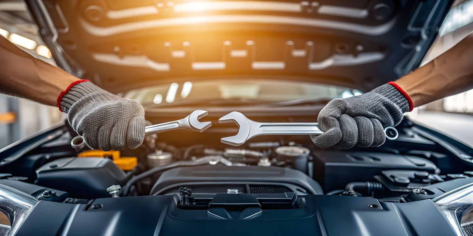 Mains dans des gants tenant des clés au-dessus d'un moteur de voiture.