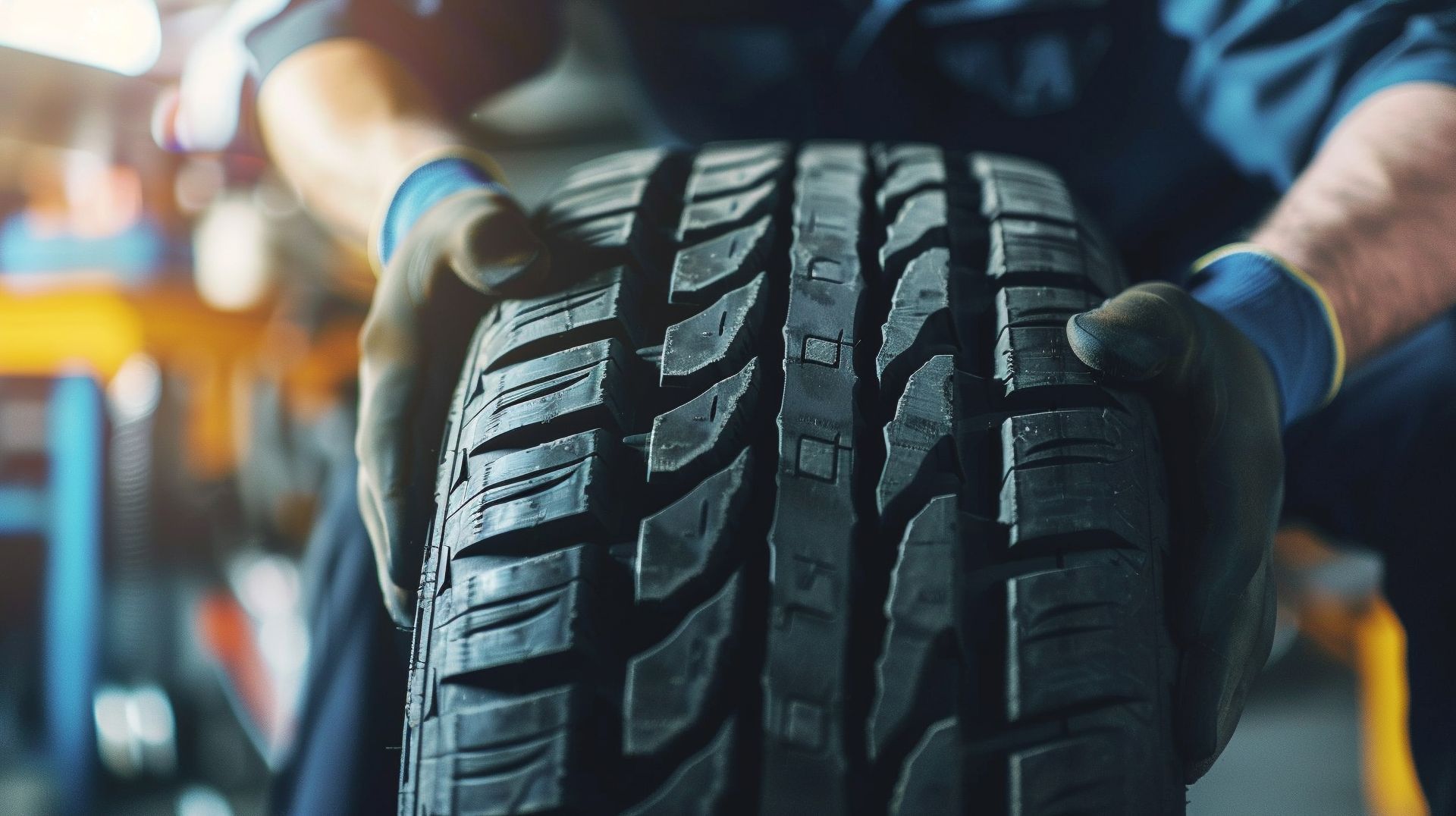 Mécanicien en gants tenant un nouveau pneu dans un atelier, gros plan.