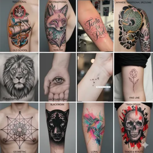 Varios tatuajes coloridos en diferentes partes del cuerpo, que muestran diversos estilos e imágenes, como animales, flores...