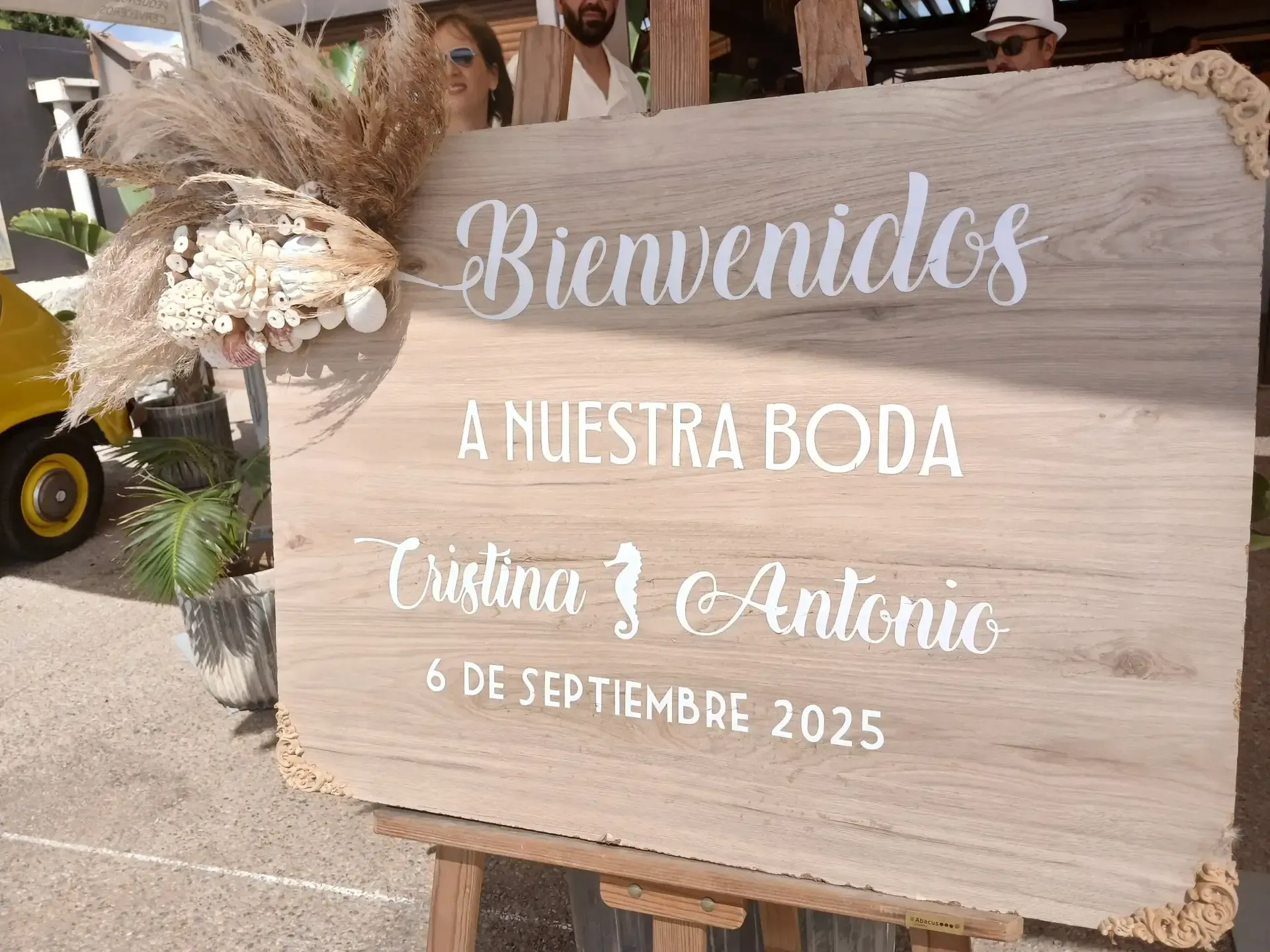 Wooden wedding welcome sign with text 